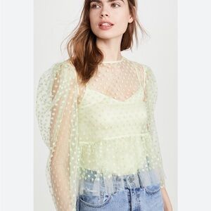 Naya Rea Elegant Sheer Puff Sleeve Blouse in Light Green- size XL